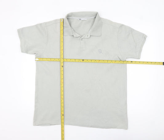 Zara Men's Grey Cotton Polo Shirt Size L Short Sleeve Casual