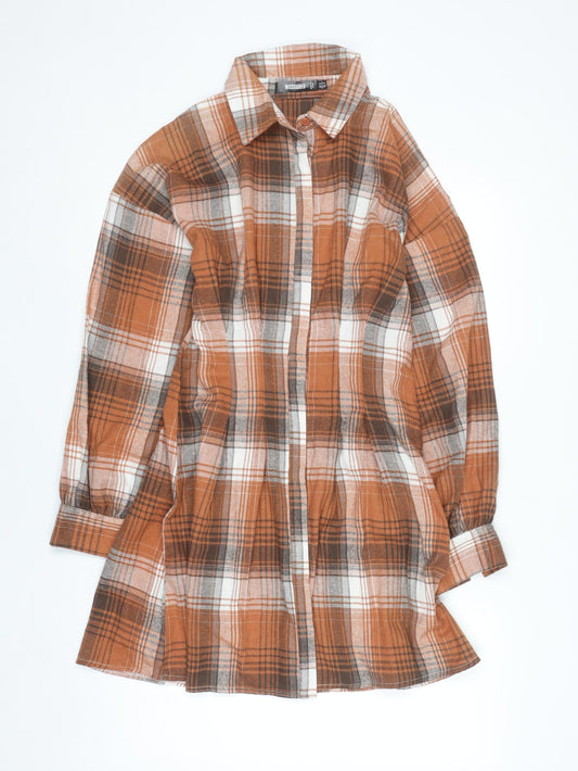 Additional front view of Missguided Women Brown Check Long Sleeve Shirt Dress, size 8