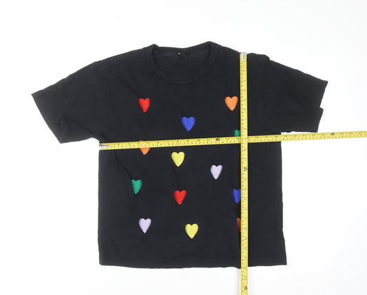 Monki Women's Black Rainbow Heart Embroidered Cotton T-Shirt Size S