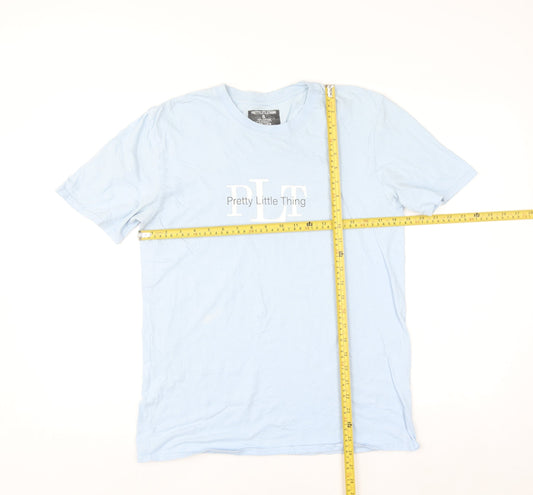 Pretty Little Thing Men Light Blue Cotton Crew Neck T-Shirt Size S