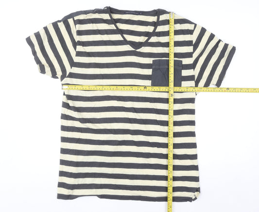 French Connection Men’s Black Striped V-Neck Cotton T-Shirt XL