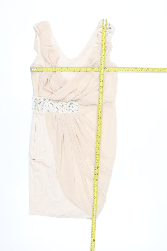 Lipsy Women Beige Beaded Bodycon Sleeveless Party Dress Size 8