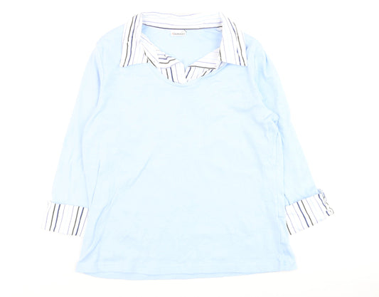 Damart Women Blue Striped Collar Cotton 3/4 Sleeve Button-Up Top Size 14/16