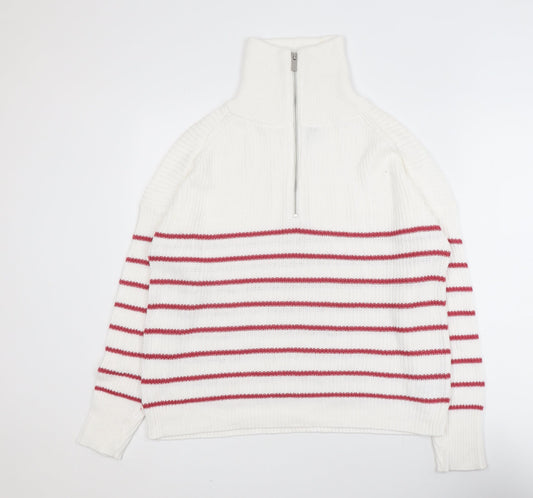 Rachel Zoe Women White Striped High Neck Half Zip Jumper Size L