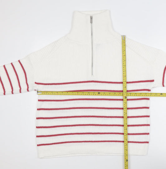 Rachel Zoe Women White Striped High Neck Half Zip Jumper Size L