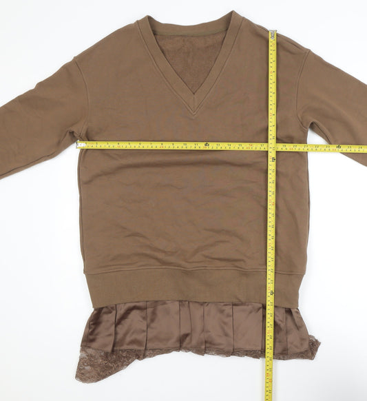 Commense Women Brown M V-Neck Long Sleeve Knit Sweater Dress
