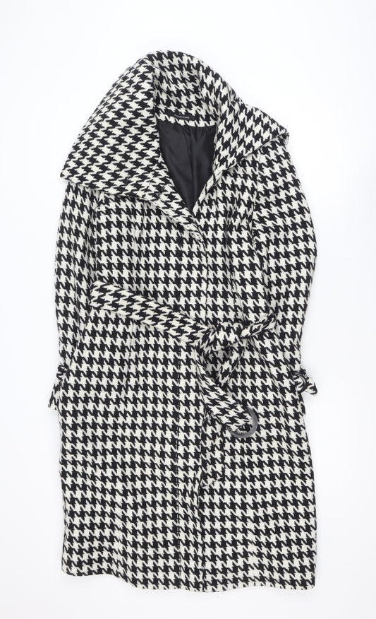 Dunnes Women's Black Houndstooth Belted Wool Trench Coat Size 12