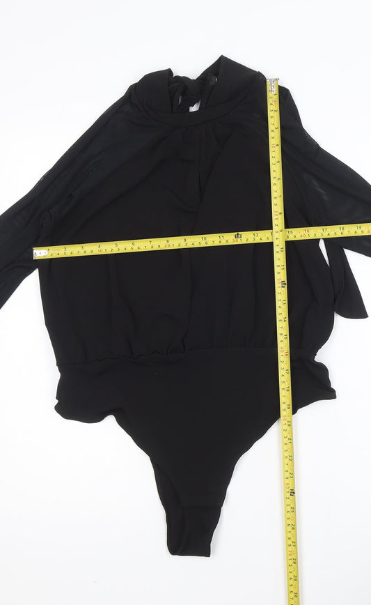 Boohoo Women’s Black High Neck Tie Wrap Bodysuit Blouse Size 14