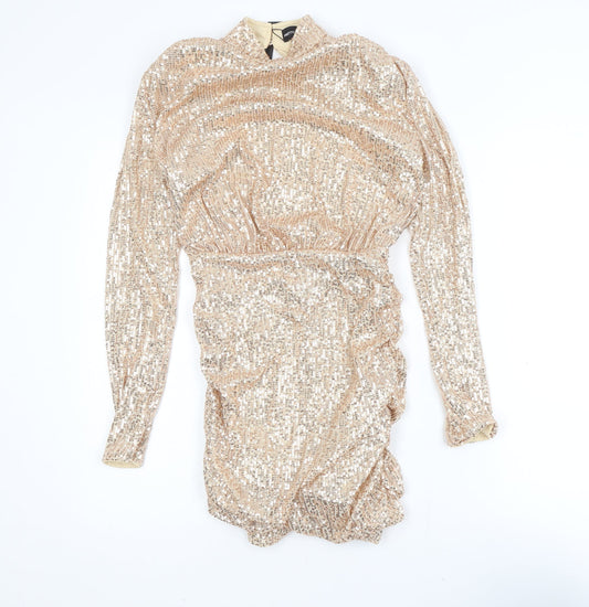 PRETTYLITTLETHING Women’s Gold Sequin Bodycon Dress Size 6 Party Long Sleeve