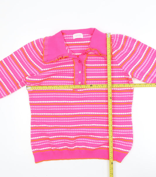 Savida Women Pink Striped Collared Henley Jumper Size 14
