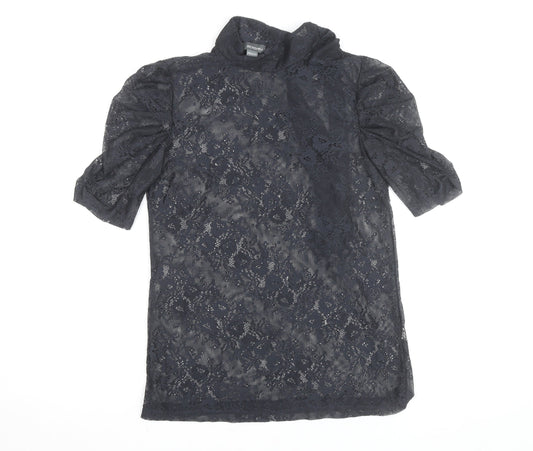 Bershka Women's Black Lace High Neck Short Sleeve Blouse M