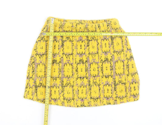 Zara Women Yellow Tweed Check Short Skirt Size S
