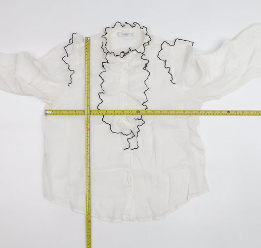 Mango Women's White Ruffle Long Sleeve Blouse Size 12