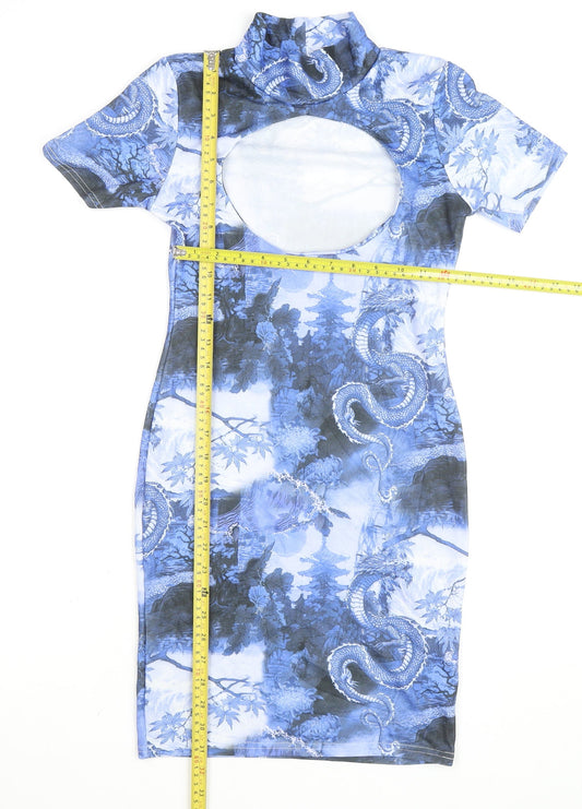 PrettyLittleThing Women's Blue Dragon Print Bodycon Dress Size 8