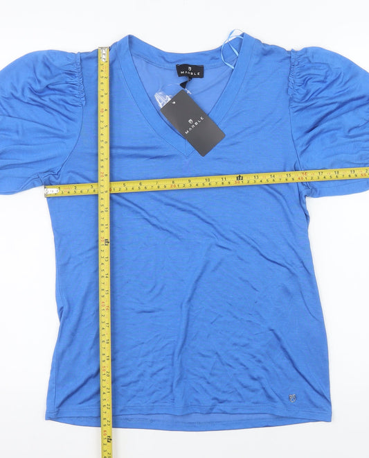 Marble Womens Blue V-Neck Puff Sleeve Jersey T-Shirt XS