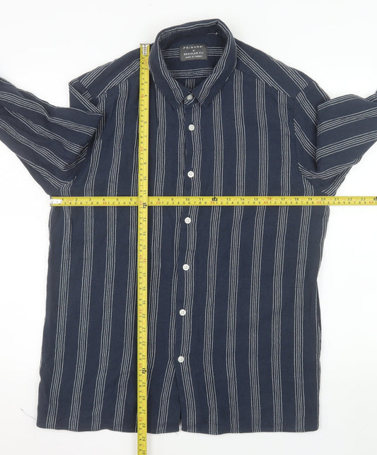 Primark Men's Blue Striped Regular Fit Long Sleeve Button-Up Shirt M