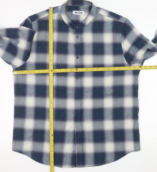 Paul Galvin Men's Blue Check Band Collar Button-Up Shirt XL