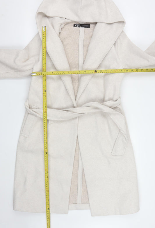 Zara Women Ivory Wool Blend Hooded Belted Coatigan XS