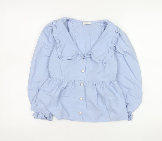 Miss Selfridge Women Blue Ruffle Collar Cotton Blouse Size 6