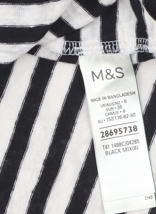 Marks and Spencer Women’s Black Striped Linen Blend V-Neck T-Shirt Size 8