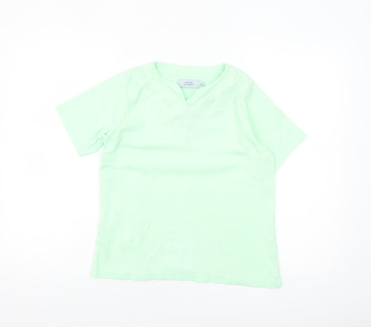 Honor Millburn Women's Green Embroidered V-Neck Cotton T-Shirt Size S