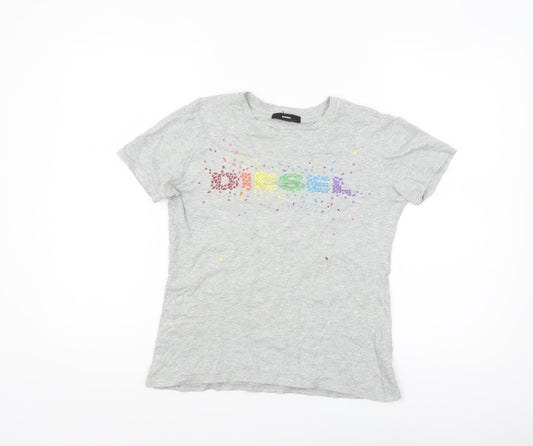Diesel Women's Grey Cotton Rainbow Logo T-Shirt Size S