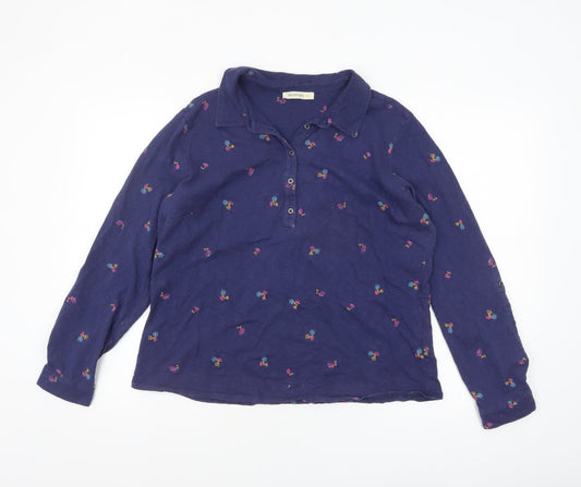 WoolOvers Women's Navy Blue Floral Embroidered Long Sleeve Polo Shirt M
