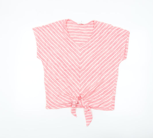 Cotton Traders Women's Pink Striped Tie Front Cropped V-Neck T-Shirt Size 12