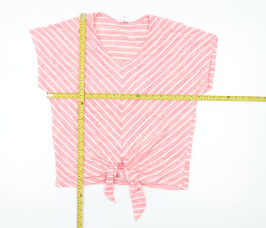 Cotton Traders Women's Pink Striped Tie Front Cropped V-Neck T-Shirt Size 12