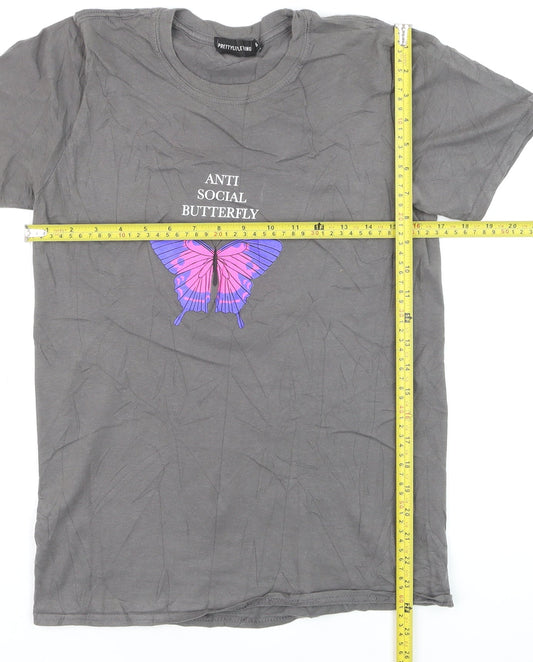 PrettyLittleThing Women's Grey 'Anti Social Butterfly' Cotton T-Shirt XS