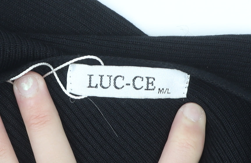 LUC-CE Womens Black Bodycon Knit Midi Dress M Asymmetric Long Sleeve
