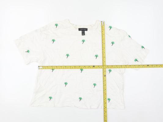 New Look Women's White Embroidered Palm T-Shirt UK 10 Cotton Summer Top