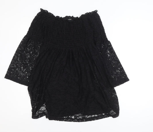 Additional front view of ASOS Women Black Lace Off Shoulder Mini Dress, size 6