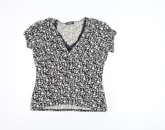 First Avenue Women’s Black Floral Wrap Style Short Sleeve Blouse Size 14
