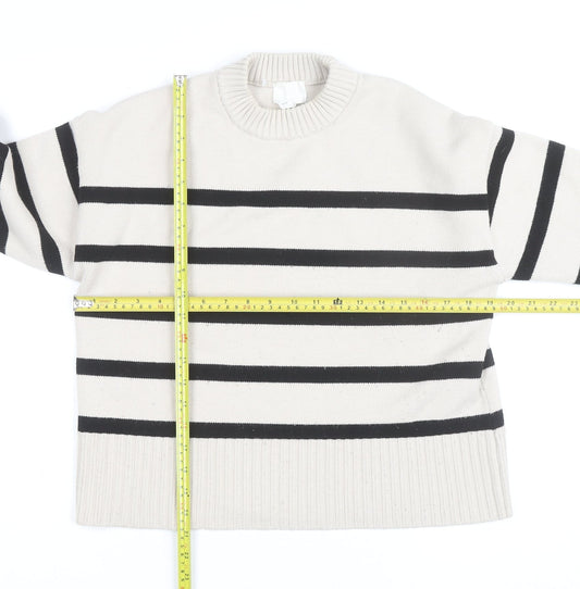 H&M Women’s Beige Black Striped Crew Neck Cotton Jumper Size 8