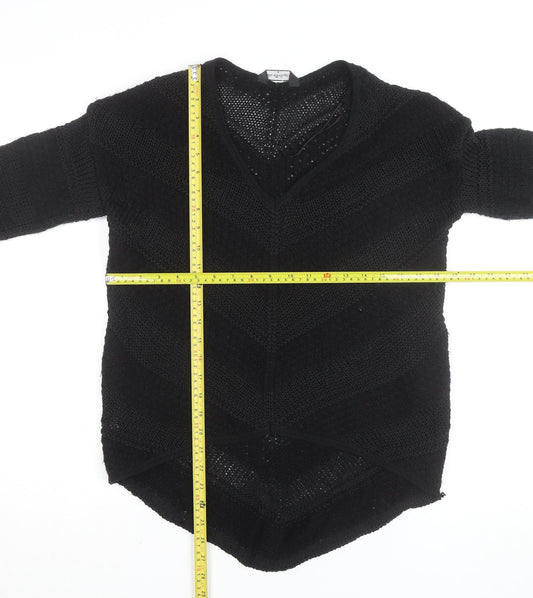 Miss Selfridge Women Black Knit Long Sleeve Cropped V-Neck Top Size 8