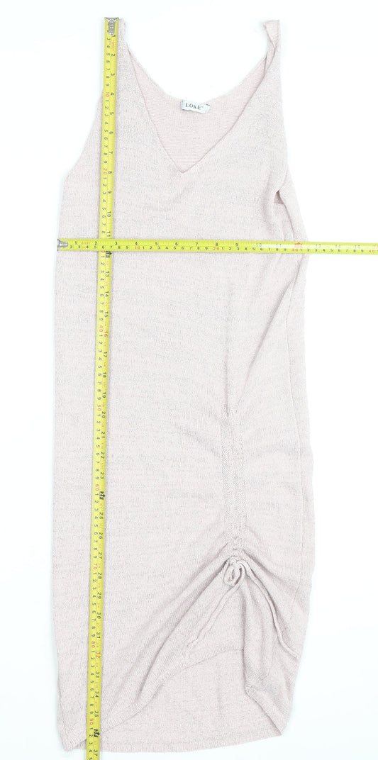 LOKE Women's Beige Knit Slip Dress S V-Neck Ruched Lightweight