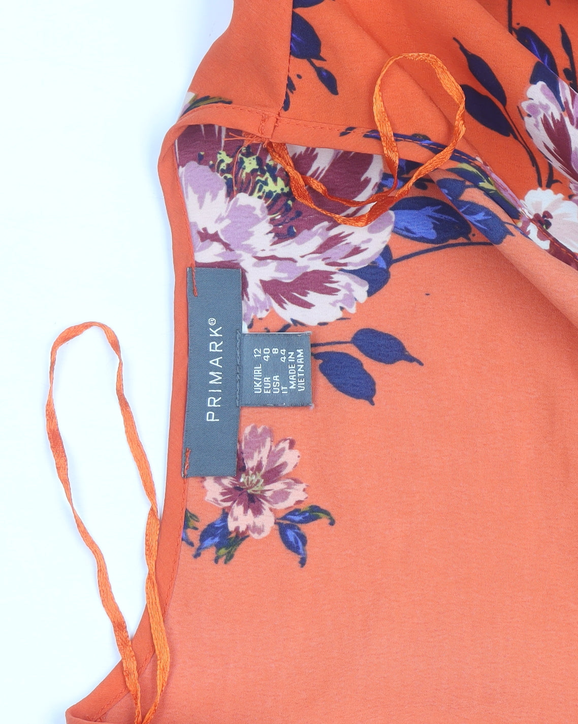 Primark Women Orange Floral Wrap Dress Size 12 V-Neck Ruffle Hem