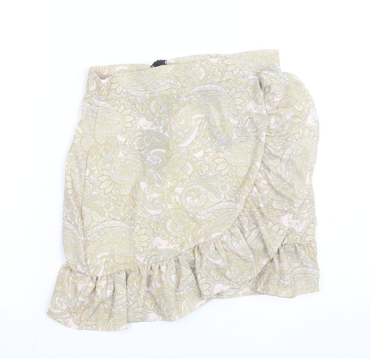 PrettyLittleThing Women's Beige Paisley Wrap Ruffle Mini Skirt Size 8