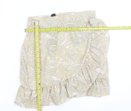 PrettyLittleThing Women's Beige Paisley Wrap Ruffle Mini Skirt Size 8