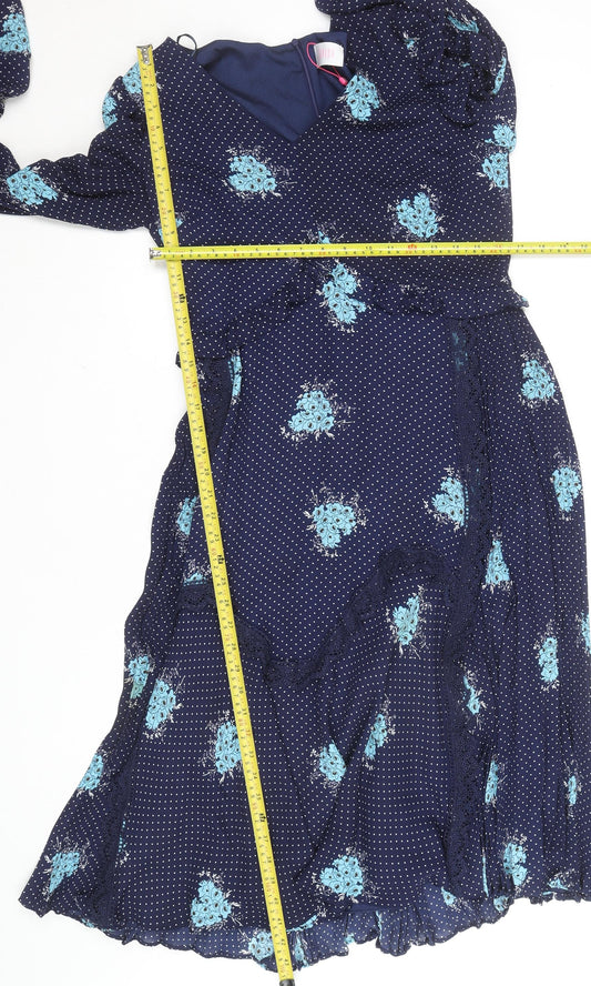 Savida Women Blue Floral Polka Dot Midi Wrap Dress Size 12