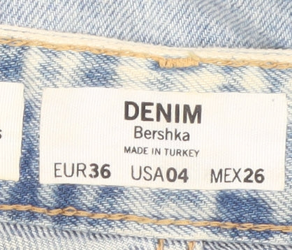 Bershka Women’s Blue Wide-Leg Distressed Denim Jeans Size 8