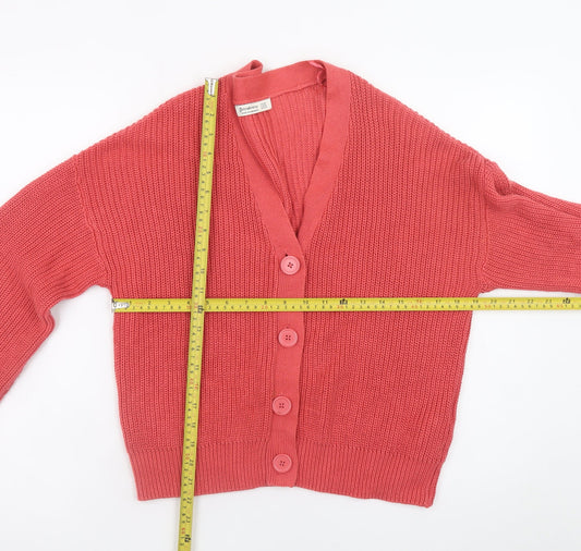 Stradivarius Women Pink Cotton V-Neck Cardigan XS