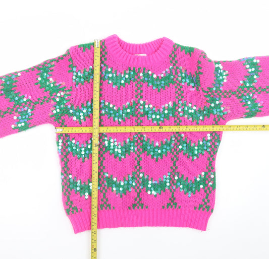 Savida Womens Pink Green Sequin Knit Jumper Medium