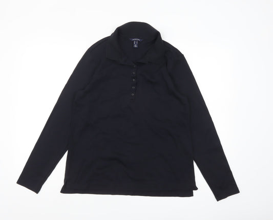 Lands' End Women's Black Cotton Long Sleeve Polo Shirt M