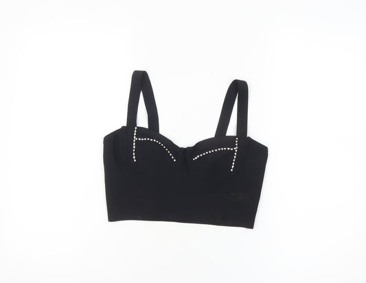 Bershka Women's Black Cropped Tank Top with Beaded Detail Size 12