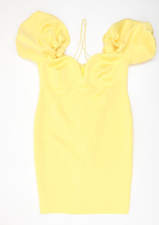 Additional front view of ASOS Women Yellow Puff Sleeve Bodycon Dress UK 10 Midi Party Style
