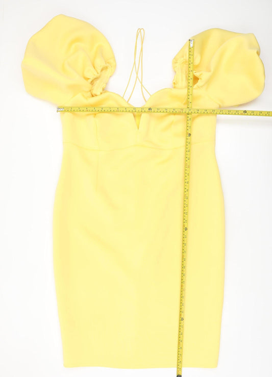 ASOS Women Yellow Puff Sleeve Bodycon Dress UK 10 Midi Party Style