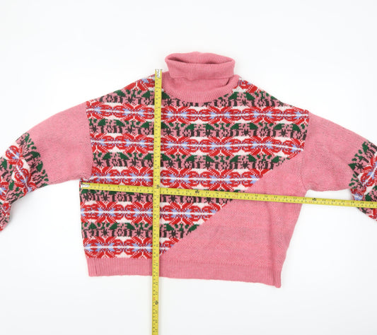 ASOS Womens Pink Fair Isle Roll Neck Jumper Size 10 Winter Knit