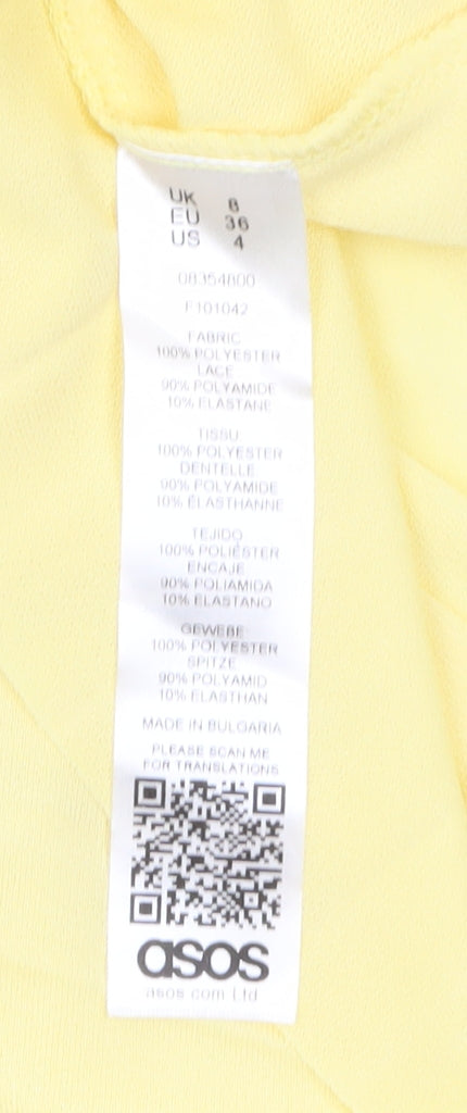 Brand and care label for ASOS Women’s Yellow Lace Fit & Flare Dress, size UK 8, 3/4 Sleeve